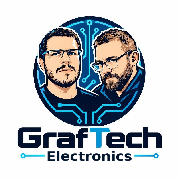 GrafTech Electronics – Logo mit zwei illustrierten Personen und Leiterbahnen